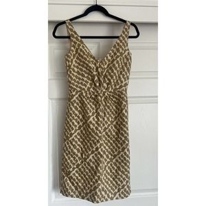 J Crew Dress Sz 0, 100% Linen V Neck Beige Off White Print Pleated Waist Career